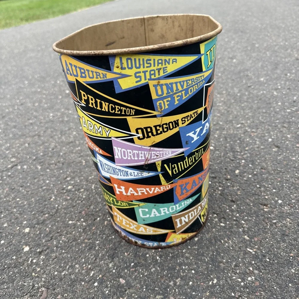 Vtg Decoware College Pennant Flags Metal Tin Trash Can Waste Paper Basket USA